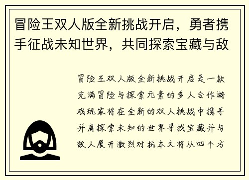 冒险王双人版全新挑战开启，勇者携手征战未知世界，共同探索宝藏与敌人