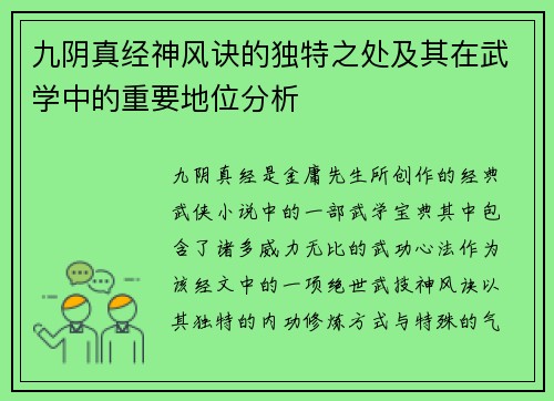 九阴真经神风诀的独特之处及其在武学中的重要地位分析
